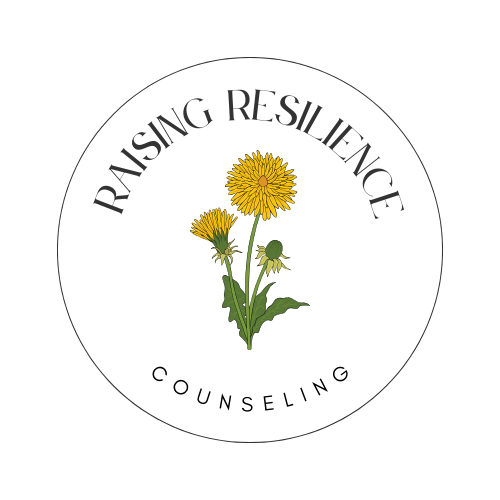 Raising Resilience logo which is a yellow flower in the middle of a white circle with Raising Resilience COunseling around the edge of the inner circle